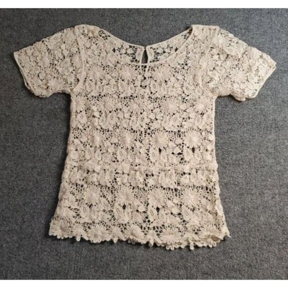 Lovely 153 Crochet Scoop Neck Cotton Tunic Top Cream Ivory Sheer Over Shirt S - Picture 1 of 14